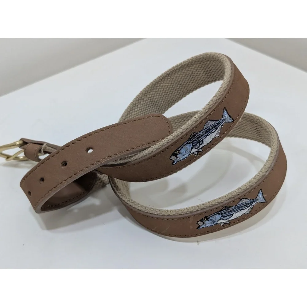 Guy Harvey Leather Belt Men's 36 Blue Fish Embroidered Tan/Beige Sport Fishing
